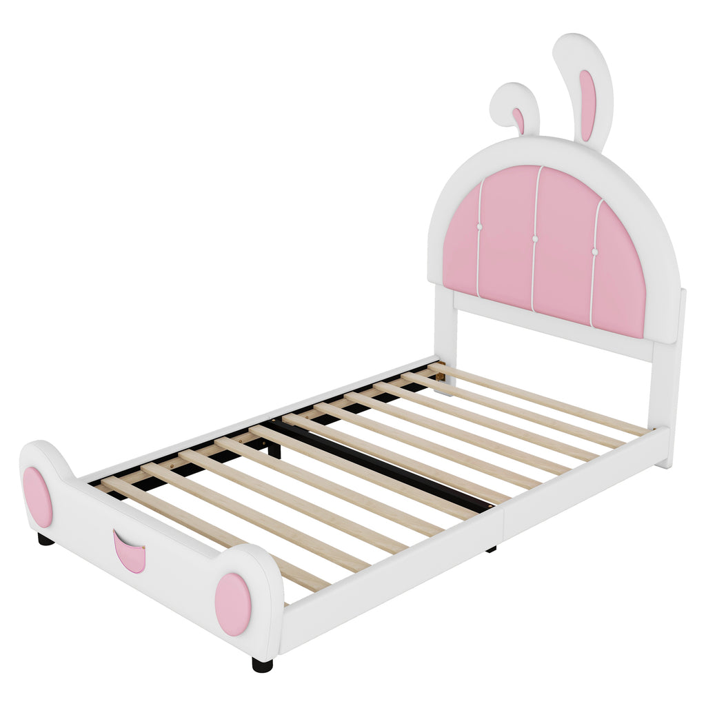 Leoglint Twin Size Upholstered Platform Bed Frame with Rabbit Shaped Headboard, White