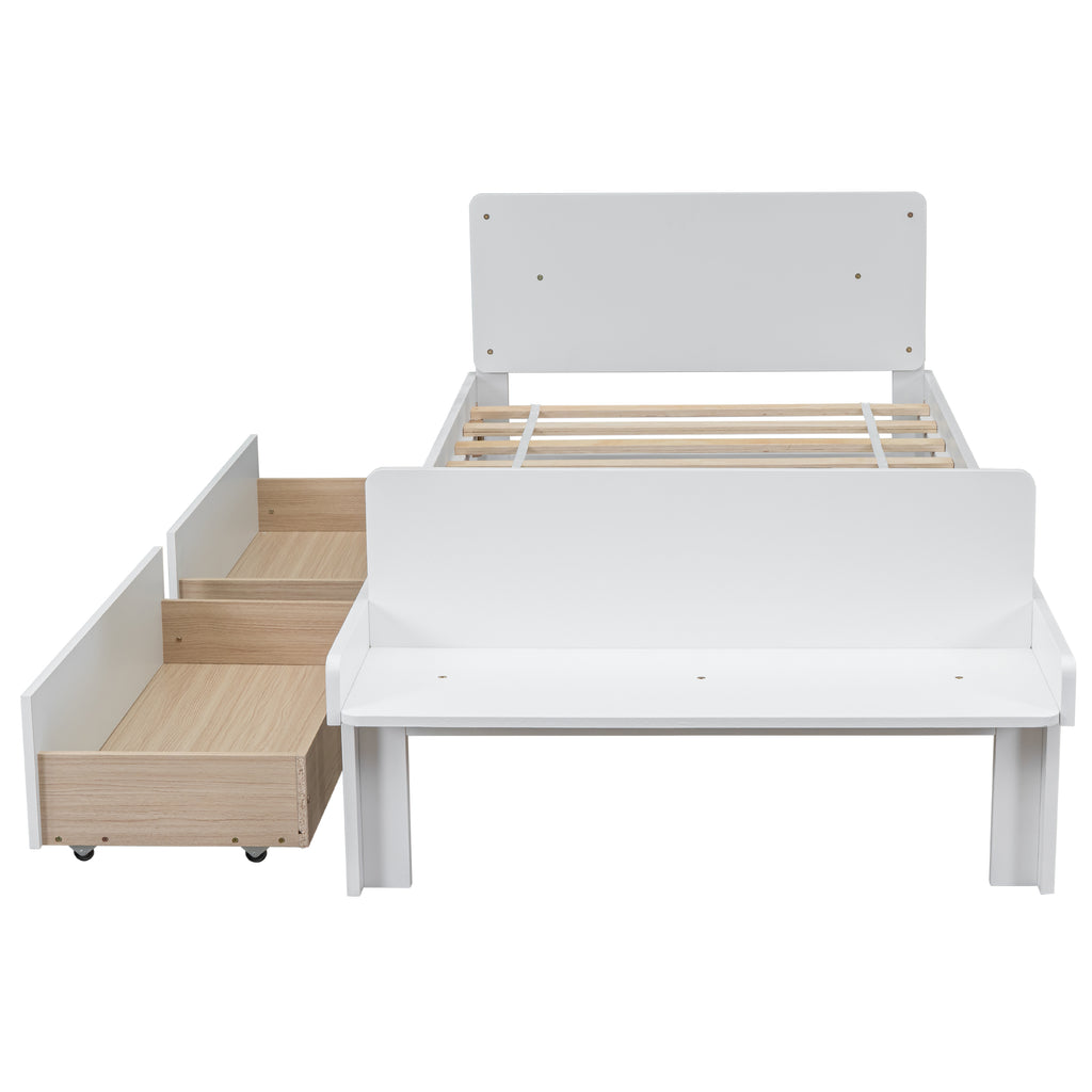 Twin Bed Frame with Footboard Bench,2 drawers,White