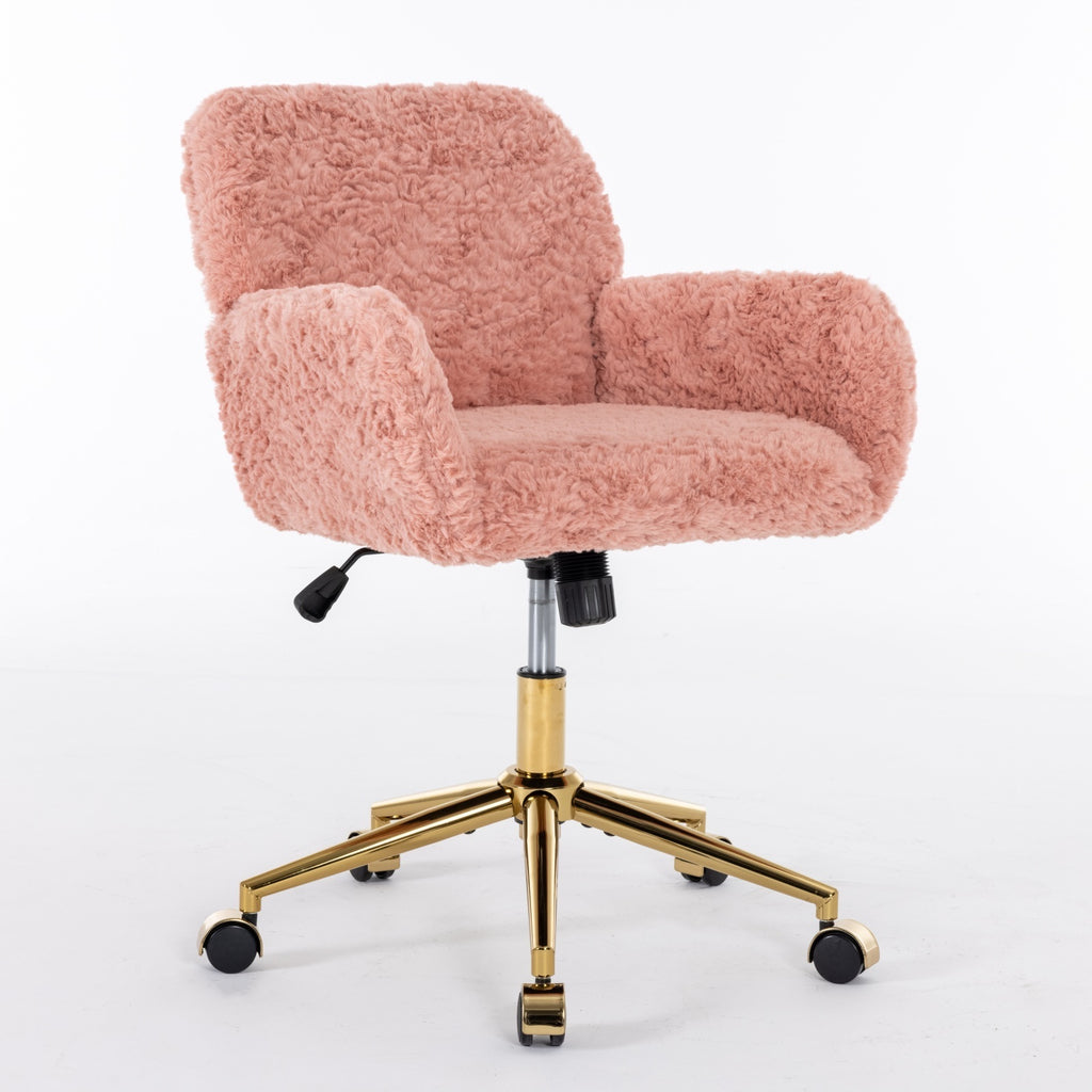 Leoglint A&A Furniture Office Chair,Artificial rabbit hair Home Office Chair with Golden Metal Base,Adjustable Desk Chair Swivel Office Chair,Vanity Chair(Pink)