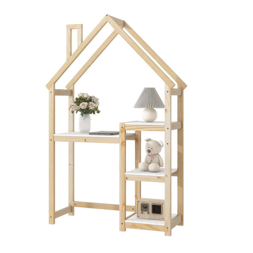 Leoglint House-shaped Wooden writing Desk,Kids study Table,Bookshelf & Toy Storage,Natural