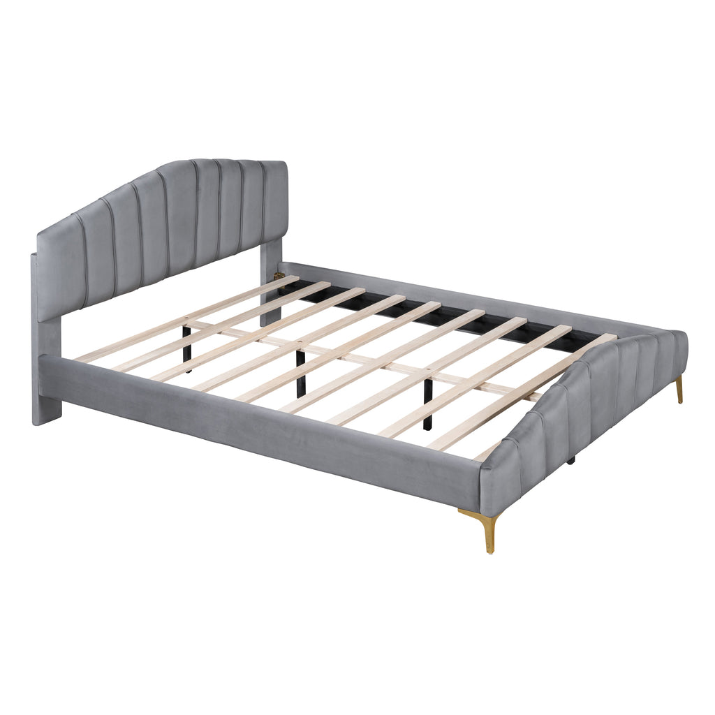 Queen Size Velvet Platform Bed Frame with Thick Fabric, Stylish Stripe Decorated Bedboard and Elegant Metal Bed Leg, Gray