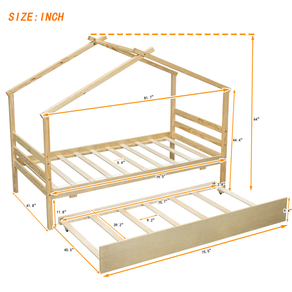 Leoglint Twin Size  House-shaped Bed Frame with Trundle,Natural