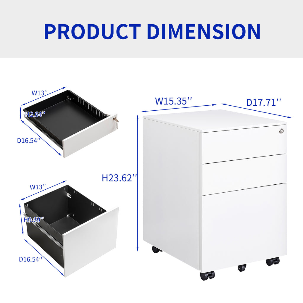 Leoglint 3 Drawer Mobile File Cabinet with Lock Steel File Cabinet for Legal/Letter/A4/F4 Size, Fully Assembled except for Wheels, Home/ Office Design