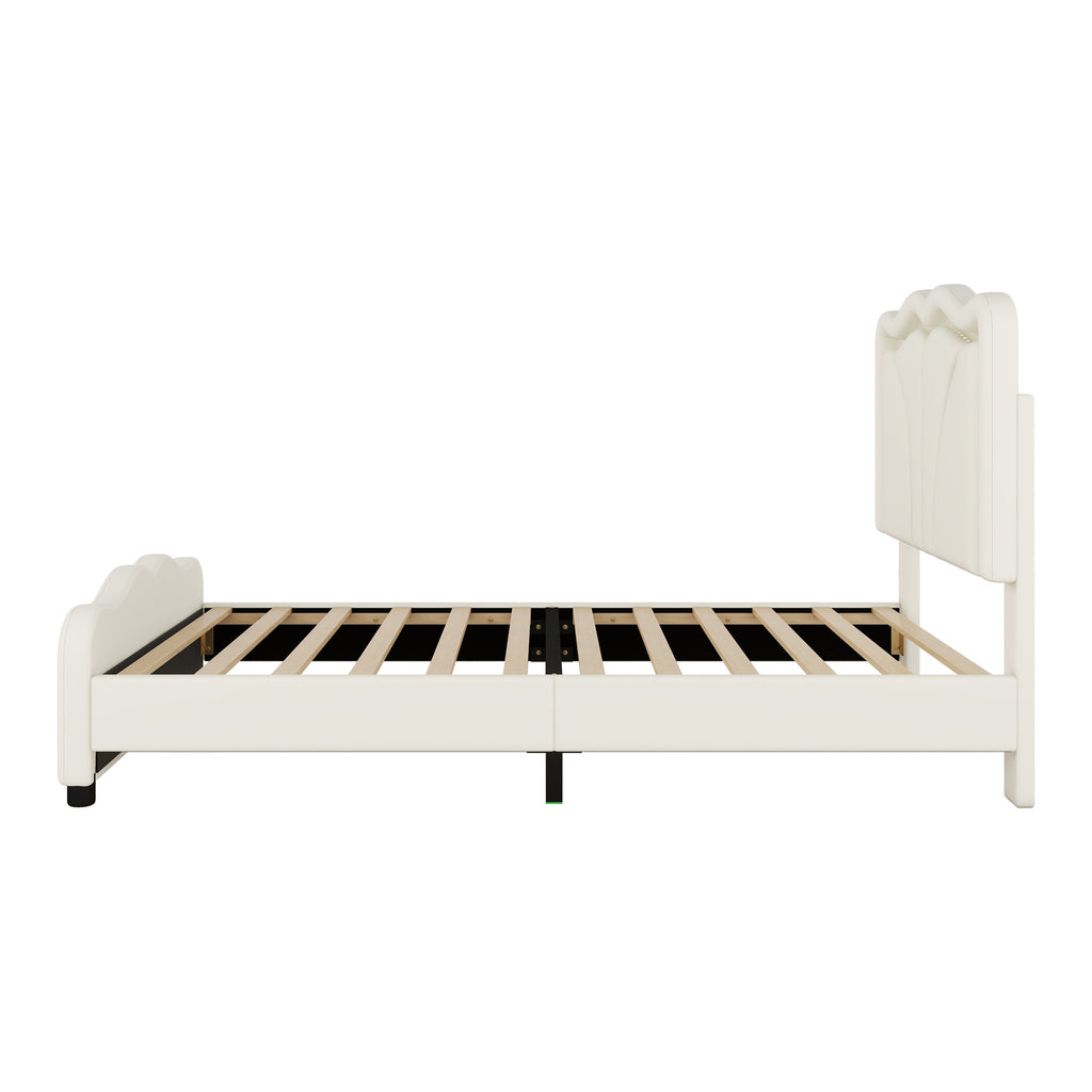 Leoglint Twin Size Upholstered Platform Bed Frame with Curve Shaped and Height-adjustbale Headboard,LED Light Strips,White