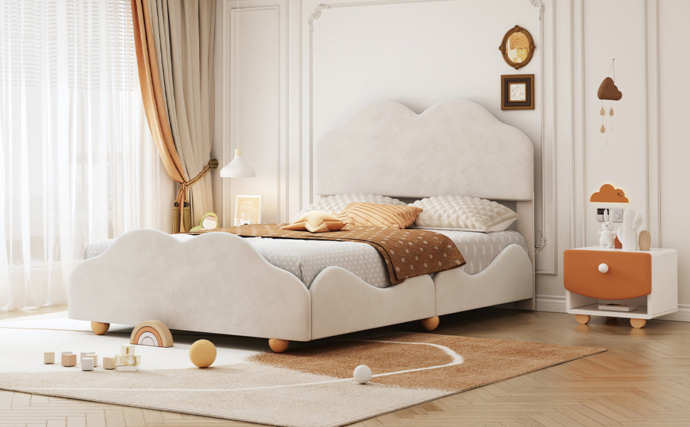 Leoglint Full Size Upholstered Platform Bed with Cloud Shaped bed board, Beige