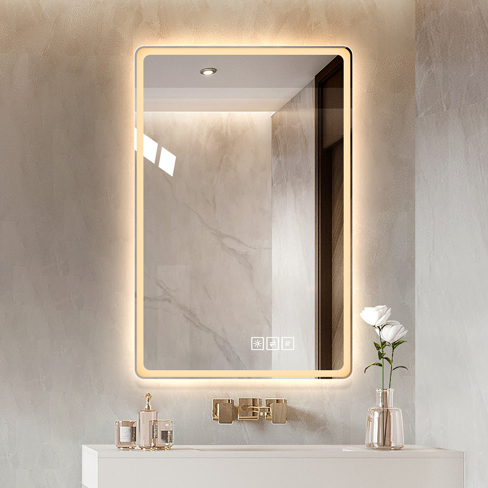 Leoglint 40*24 Inch LED Bathroom Mirror Vanity Mirrors with Front Lights Wall Mounted Anti-Fog Frameless Make Up Mirror with Light 5 mm Copper-Free Silver Mirror Horizontal or Vertical