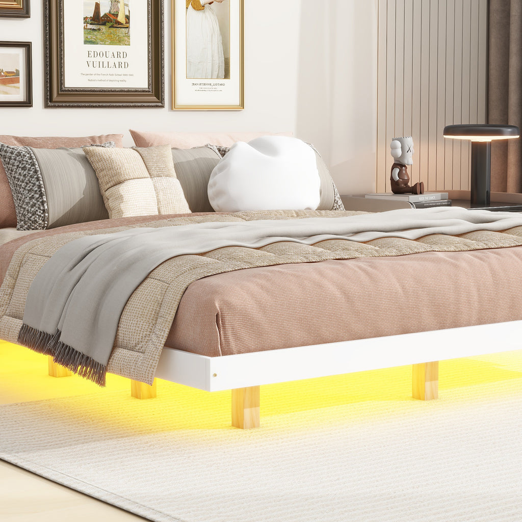 Leoglint King Size Floating Bed Frame with LED Lights Underneath,Modern King Size Low Profile Platform Bed with LED Lights,White