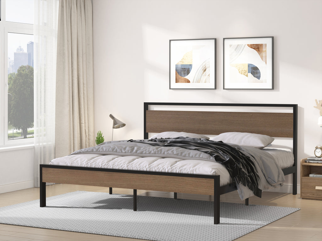 Leoglint Bed Frame Ceres Metal Bed, Black with Cinnamon Wood Headboard&Footboard, King