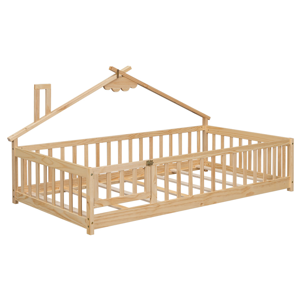 Twin House-Shaped Bedside Floor Bed Frame with Guardrails, Slats, with Door,Natural