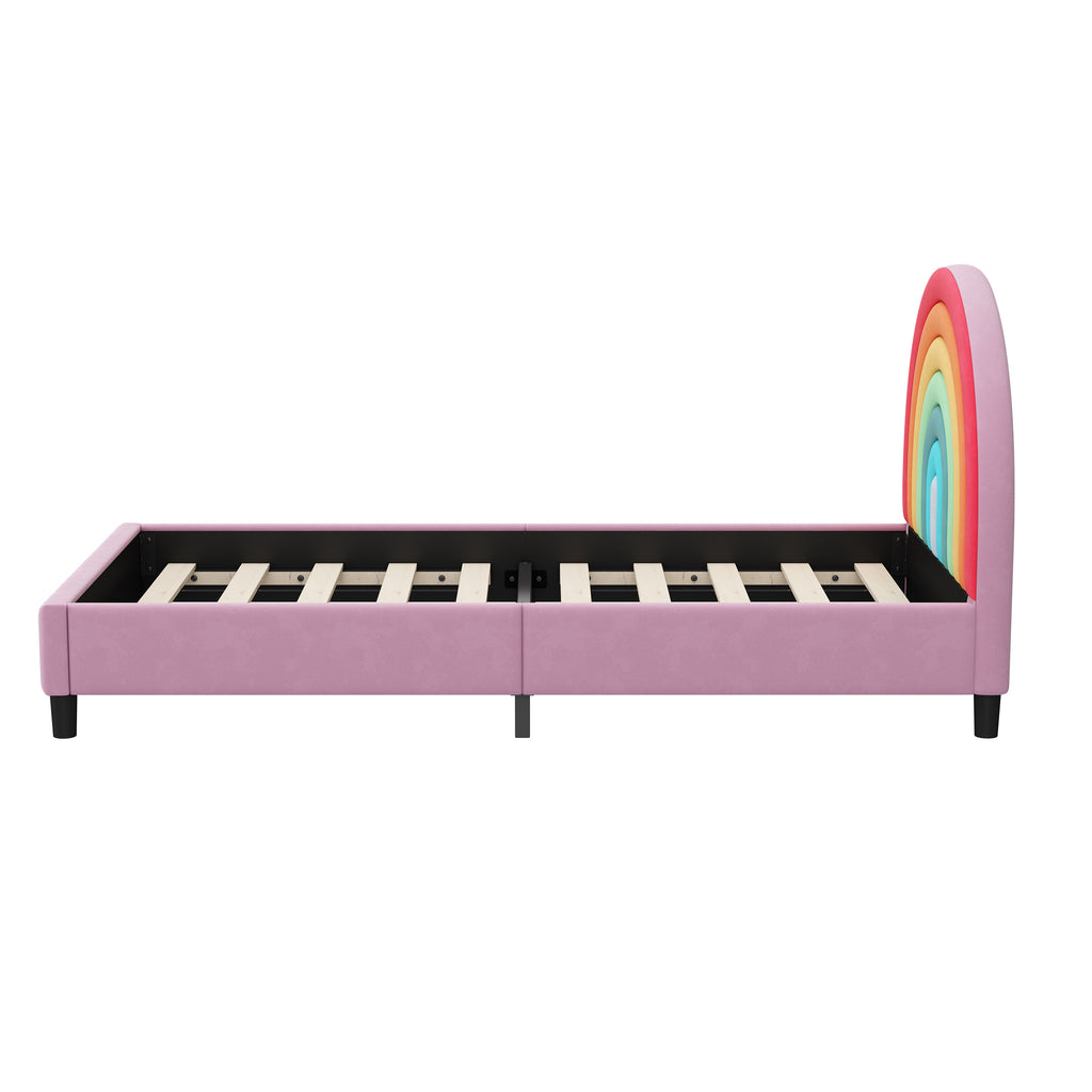 Rainbow Design Upholstered Twin Platform Bed Frame Cute Style Princess Bed for Boys & Girls, Teens, Colorful & Pink