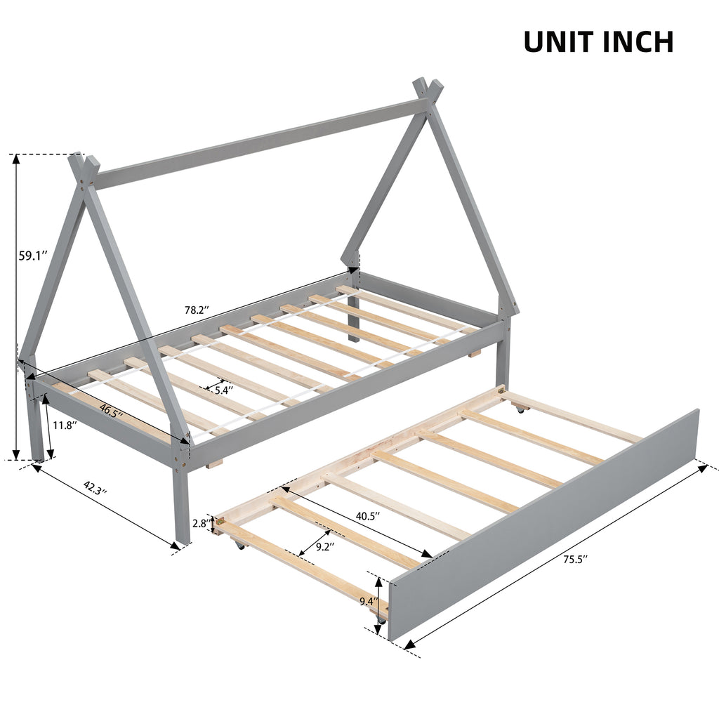 Leoglint Twin size Tent Floor Bed Frame, Teepee Bed, with Trundle,Grey