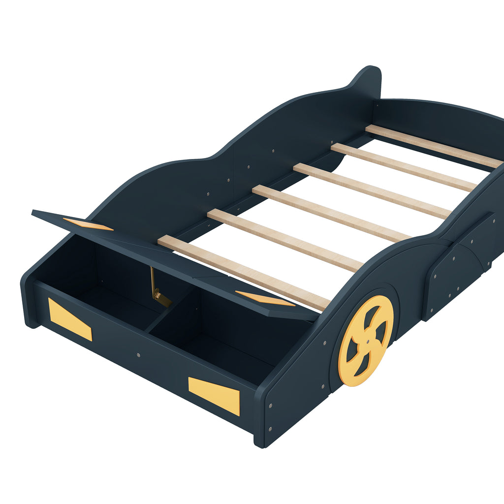 Leoglint Twin Size Race Car-Shaped Platform Bed Frame with Wheels and Storage, Dark Blue+Yellow