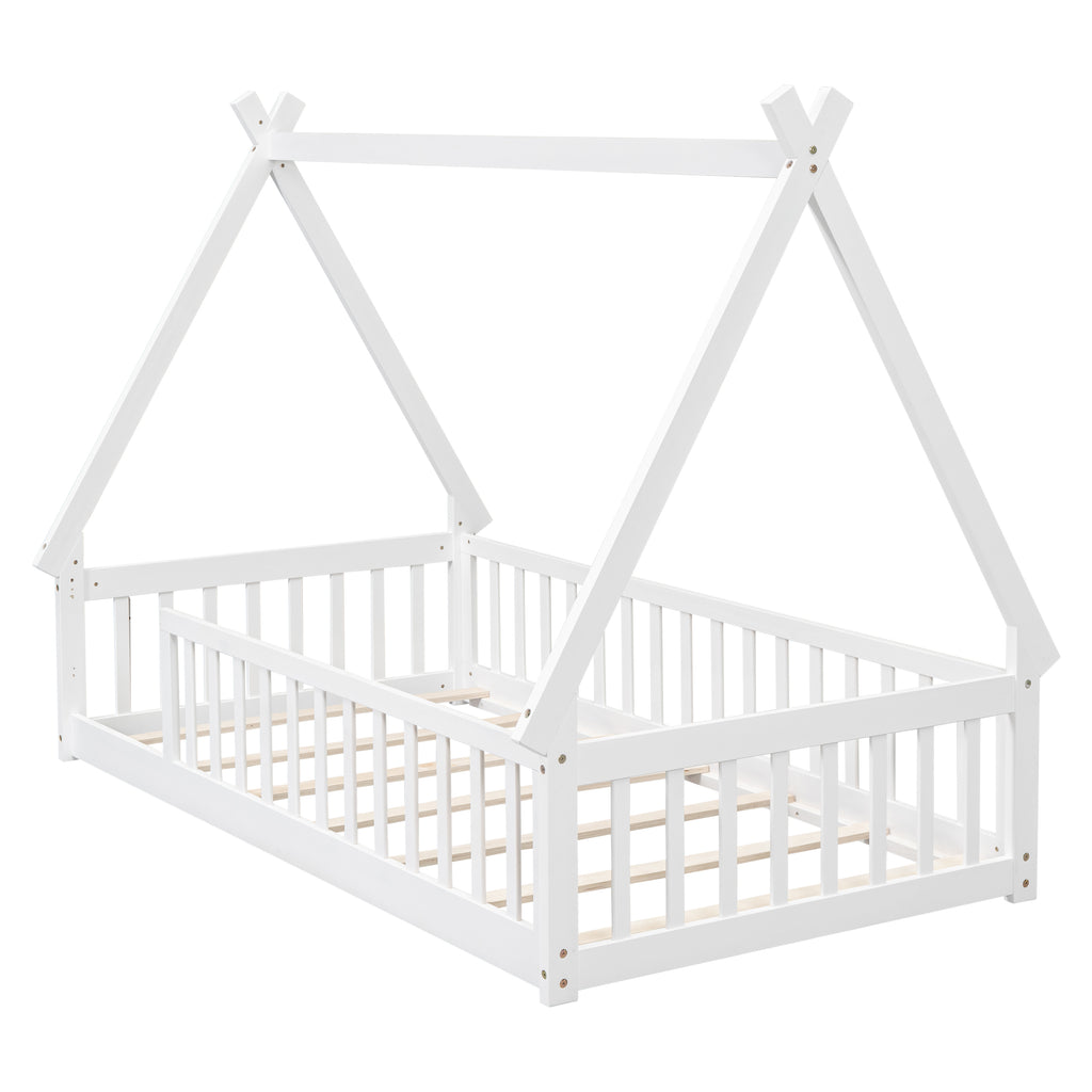 Leoglint Twin Tent-shaped Floor Bed Frame, Teepee Bed with Guardrails, Slats,White