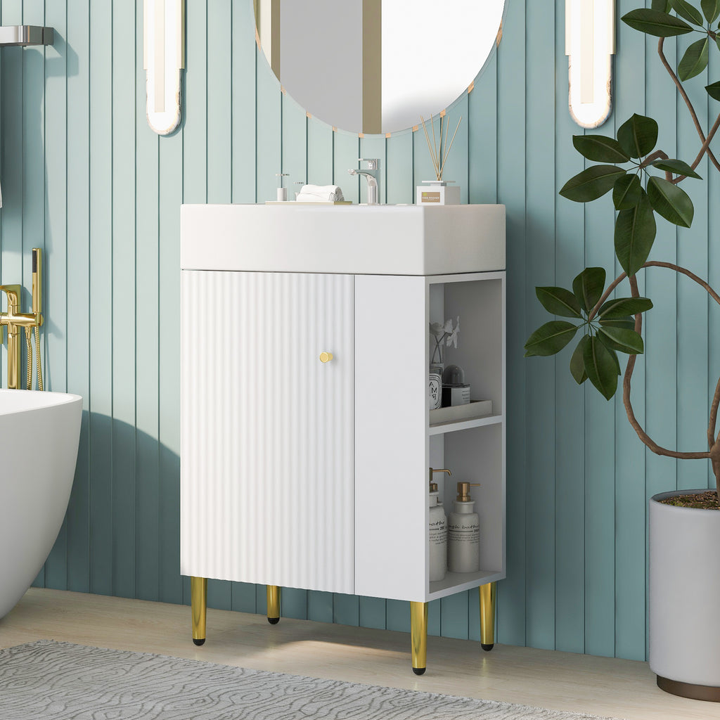 Leoglint 21.6" white Bathroom vanity, Combo Cabinet, Bathroom Storage Cabinet, Single Ceramic Sink, Right side storage