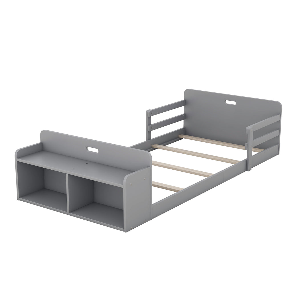 Leoglint Twin Size Floor Bed Frame with Storage Footboard and Guardrail, Grey