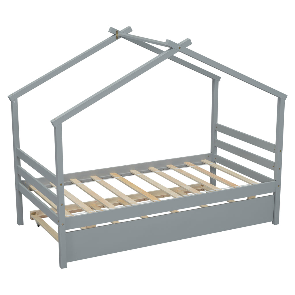 Leoglint Twin Size  House-shaped Bed Frame with Trundle,Grey