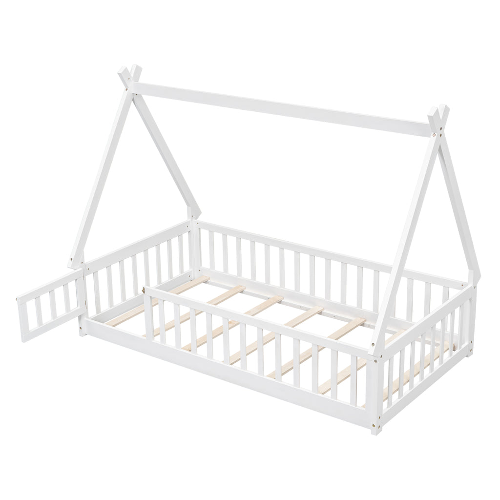 Leoglint Twin Tent-shaped Floor Bed Frame, with Guardrails, Slats, Door ,White