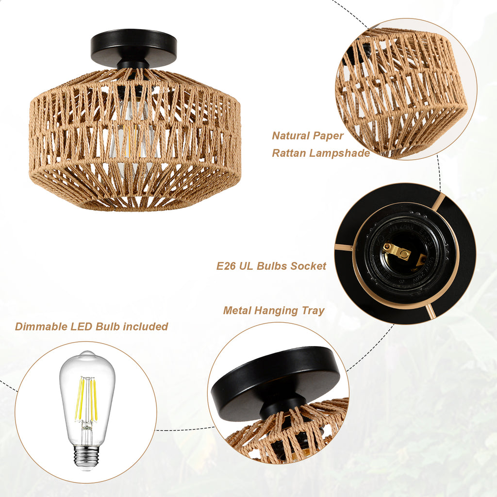 Leoglint Pendant Mini Rattan Flush Mount Light Chandelier with Dimmable LED Bulb