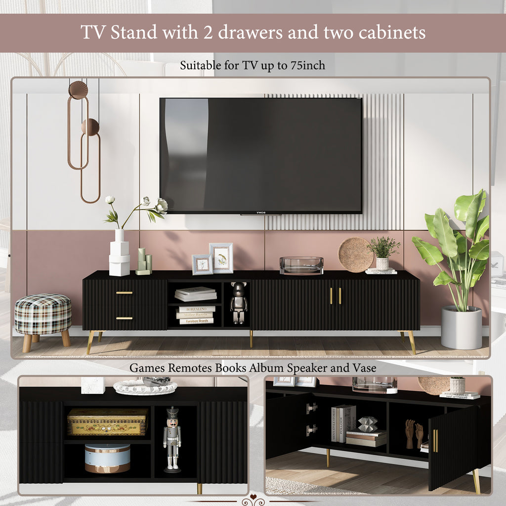 Leoglint U-Can Modern TV Stand with 5 Champagne legs - Durable, stylish, spacious, versatile storage TVS up to 77" (Black)