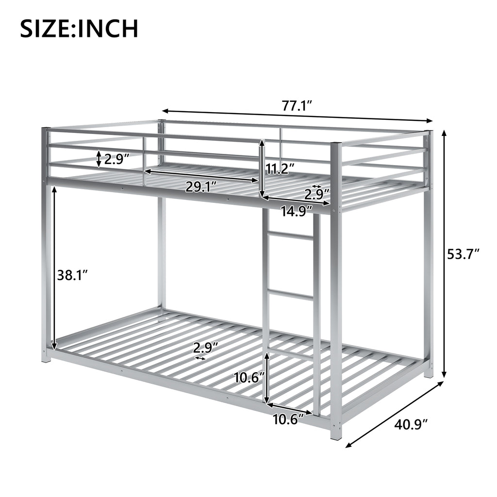 Leoglint Twin over Twin Metal Bunk Bed Frame, Low Bunk Bed with Ladder,Silver(OLD SKU:WF282465AAN)