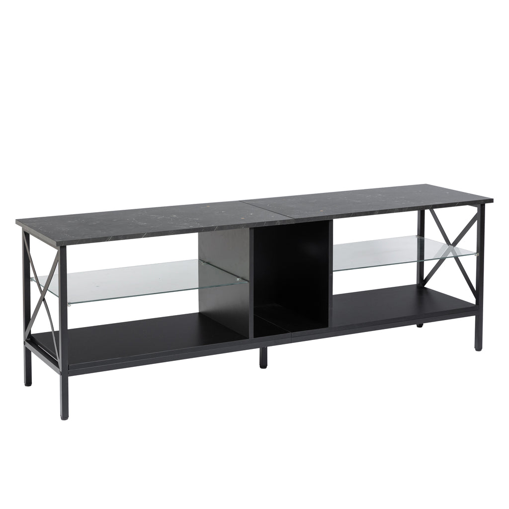 Leoglint TV stand,Iron TV cabinet,entertainment center, TV set, media console, with LED lights, remote control,toughened glass stand,can be placed in the living room, bedroom, color:black with marble texture