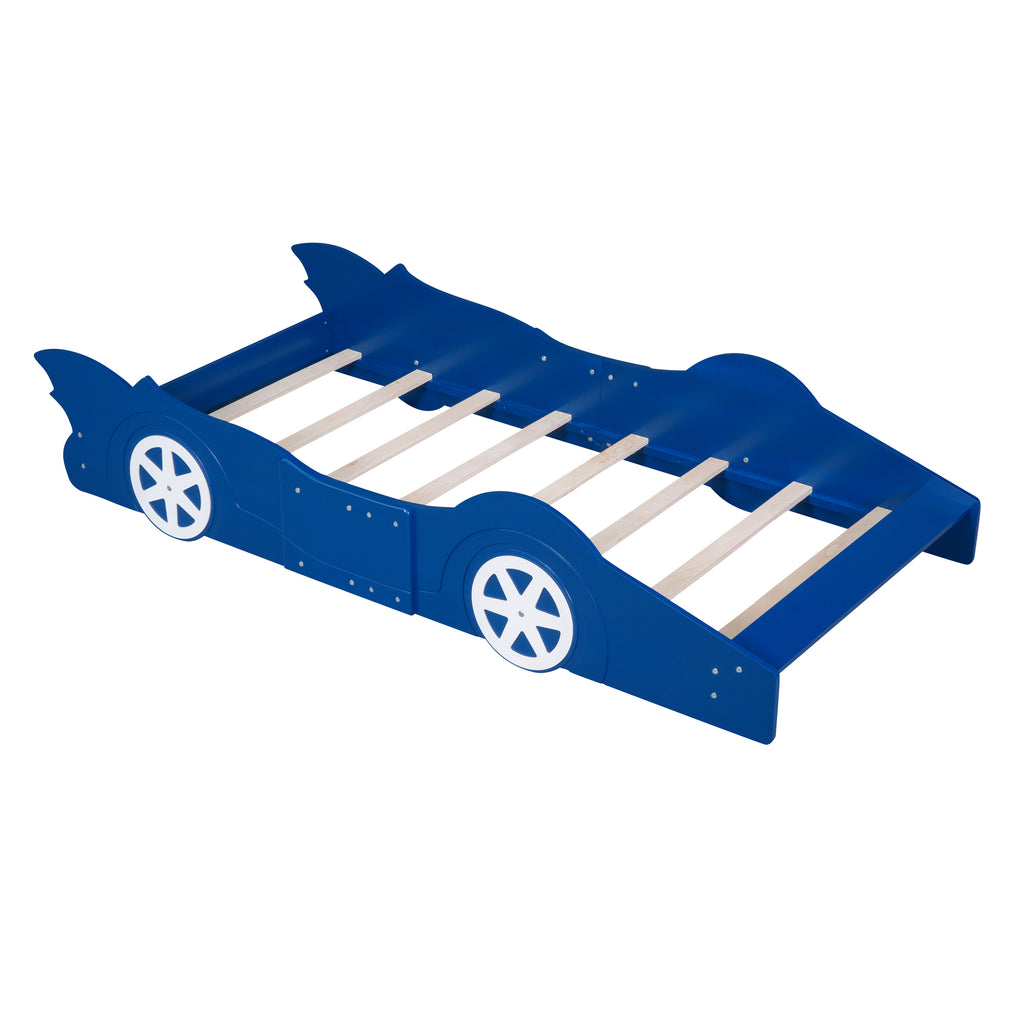 Leoglint Twin Size Race Car-Shaped Platform Bed Frame with Wheels,Blue