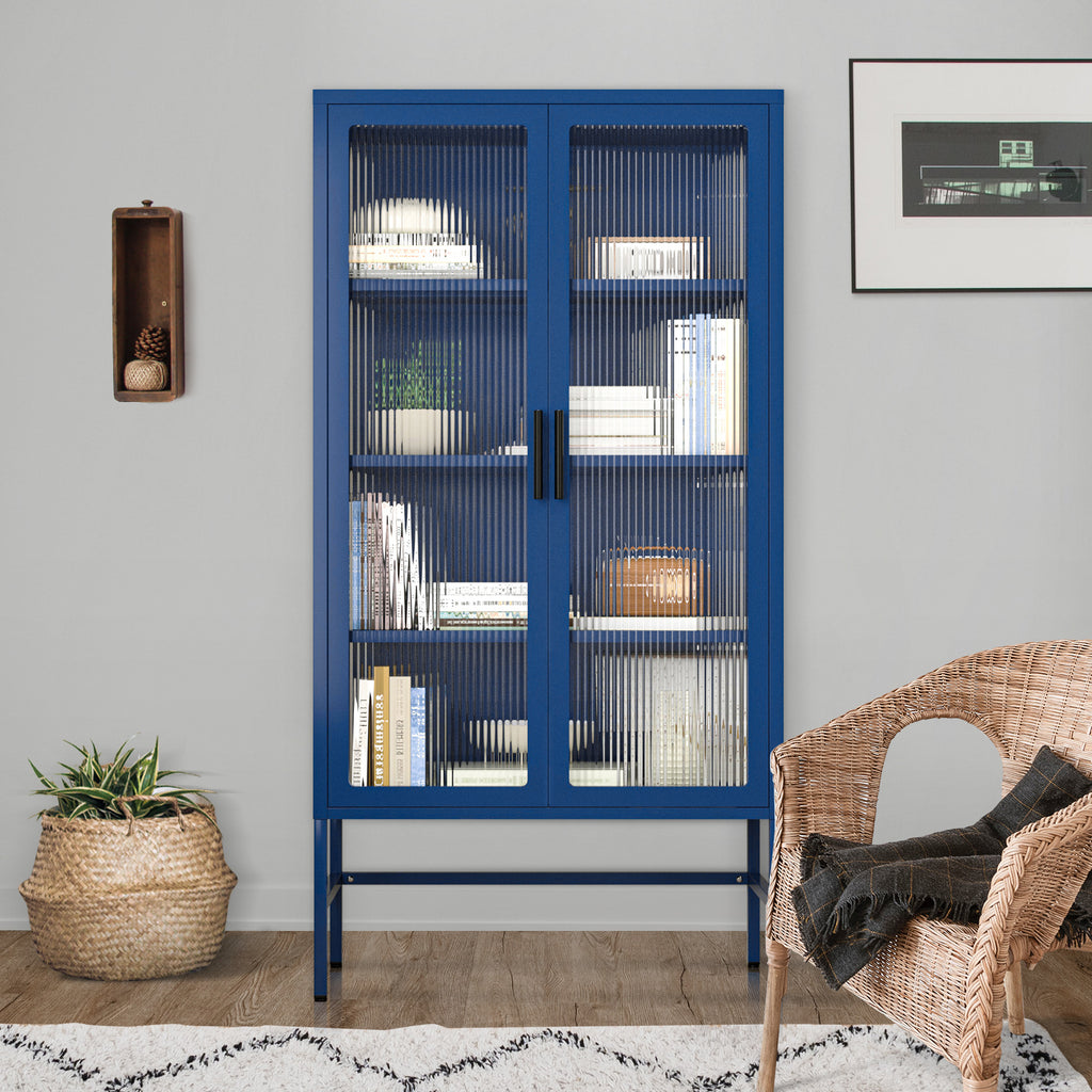 Leoglint Double Glass Door Storage Cabinet with Adjustable Shelves and Feet Cold-Rolled Steel Sideboard Furniture for Living Room Kitchen BLUE