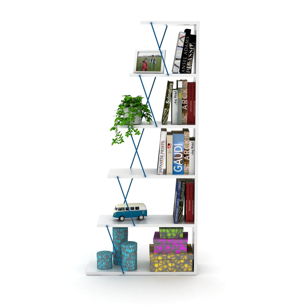 Leoglint Furnish Home Store Modern 5 Tier Ladder Bookshelf Organizers, Narrow Bookshelf for Small Spaces Office Furniture Bookcase ,White/Blue