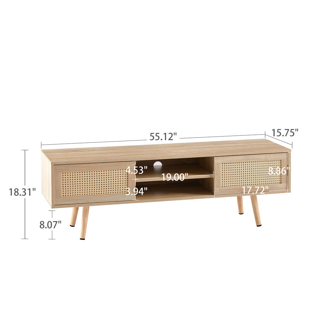 Leoglint 55.12" Rattan TV stand cabinet, double sliding doors for storage,  adjustable shelf, solid wood legs, TV console for living room ,natural