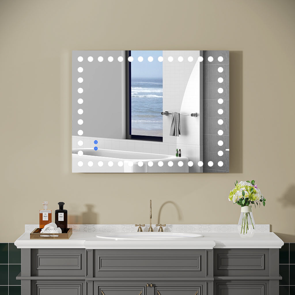 Leoglint 36×28 Inch Led-Lit Bathroom Mirror, Wall Mounted Anti-Fog Memory Rectangular Vanity Mirror With Tri-White Front Circular Light And Touch Sensor Dimmer Switch