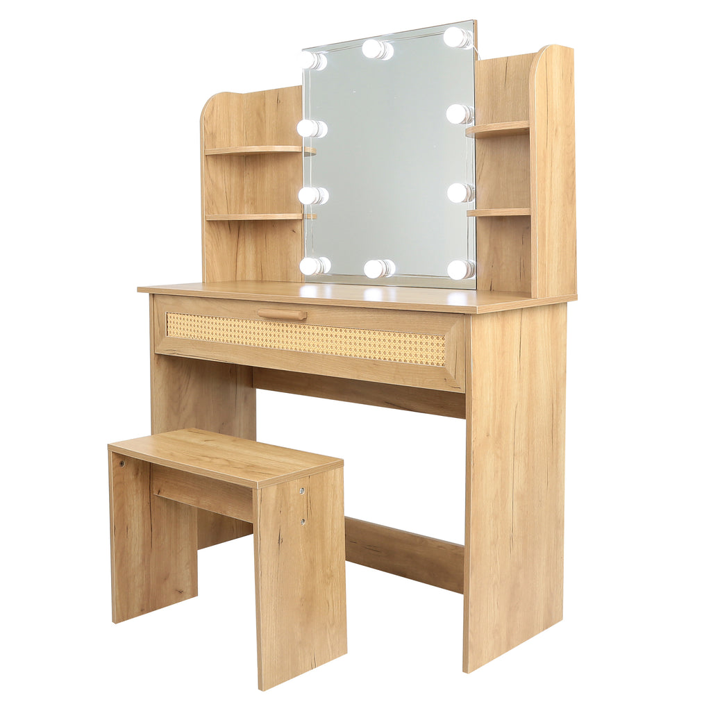 Leoglint Drawer Chest Vanity Desk Set Stool & Dressing Table with LED Lighting Mirror Drawer and Compartments Modern Wood Cosmetic Table Chest of Drawers Nature Color