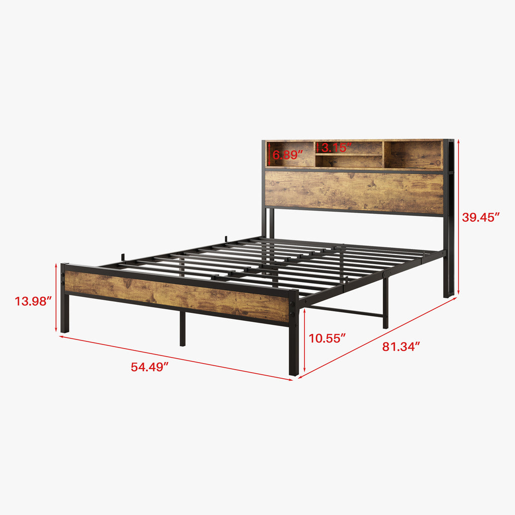 Leoglint Full Size Bed Frame with Storage Headboard, Metal Platform Bed with Charging Station,  Bookcase Storage, No Box Spring Needed, Easy Assembly, Noise-Free, Black