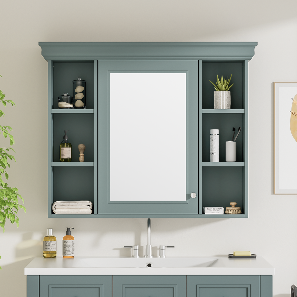 Leoglint 35'' x 28'' Blue Wall Mounted Bathroom Storage Cabinet with Mirror Door, Modern Bathroom Wall Cabinet with Mirror, Medicine Cabinet with 6 Open Shelves