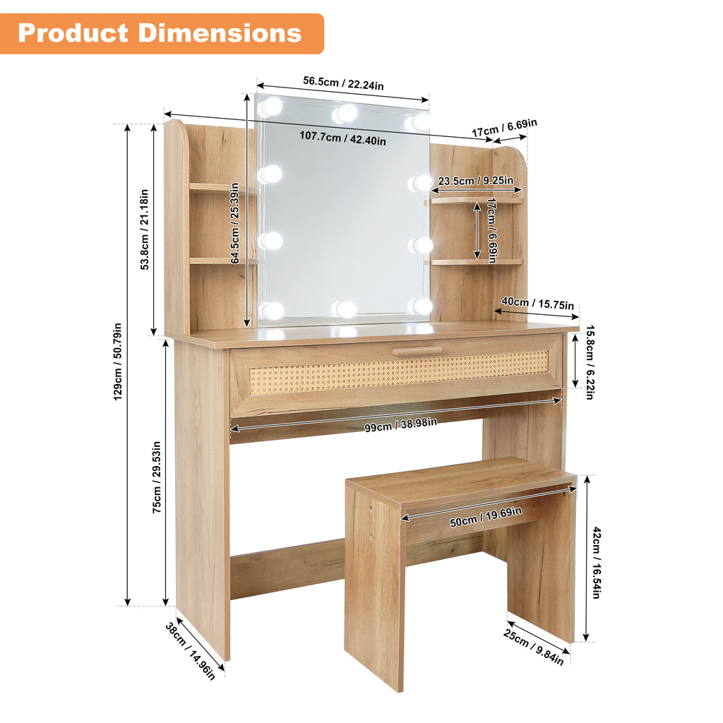 Leoglint Drawer Chest Vanity Desk Set Stool & Dressing Table with LED Lighting Mirror Drawer and Compartments Modern Wood Cosmetic Table Chest of Drawers Nature Color