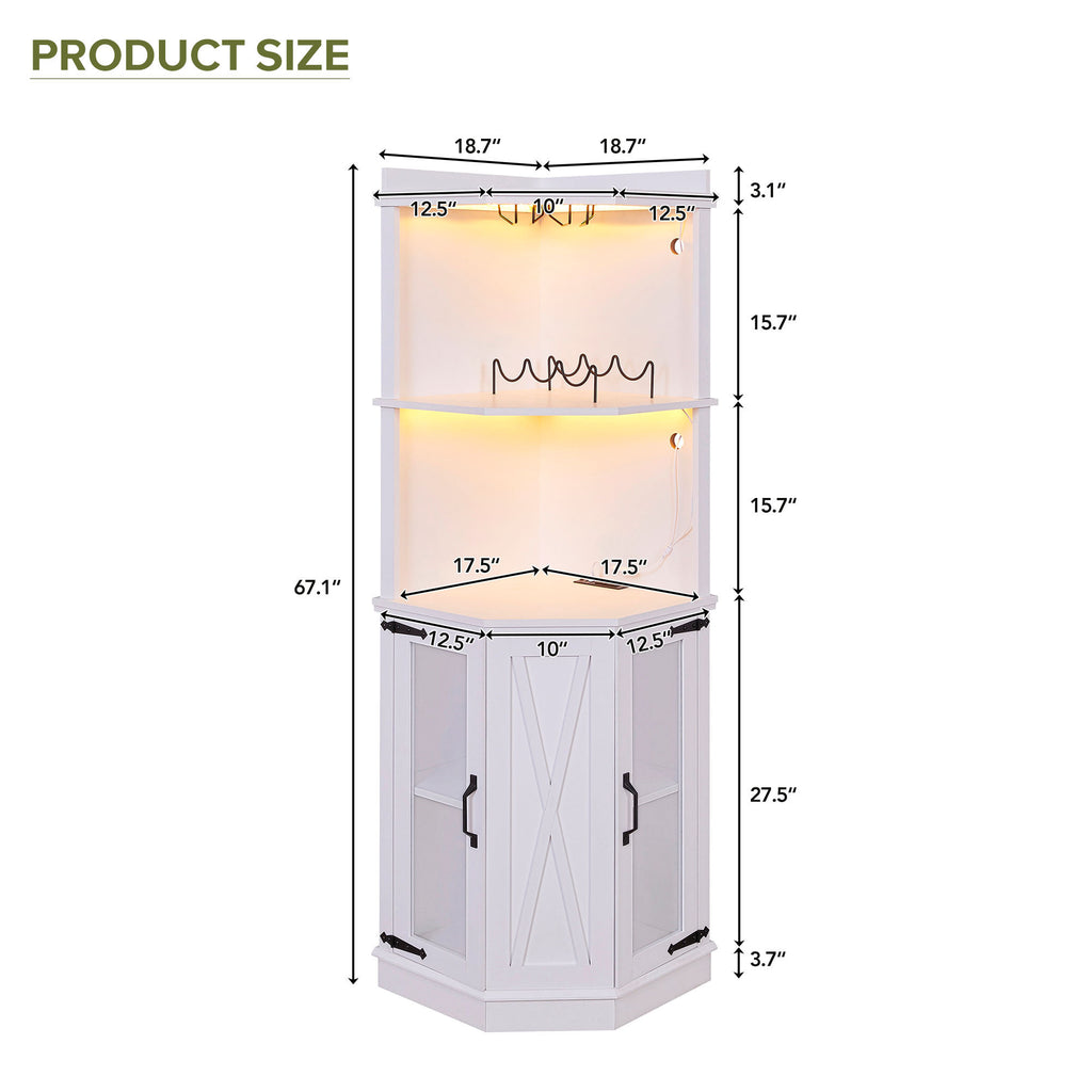 Leoglint Sideboard 67.7" Corner Bar Cabinet with Power Outlet, Farmhouse Wine Bar Cabinet with Adjustable Shelves for Home,with Lights & Glass Rack for Dining Room, Living Room, Kitchen