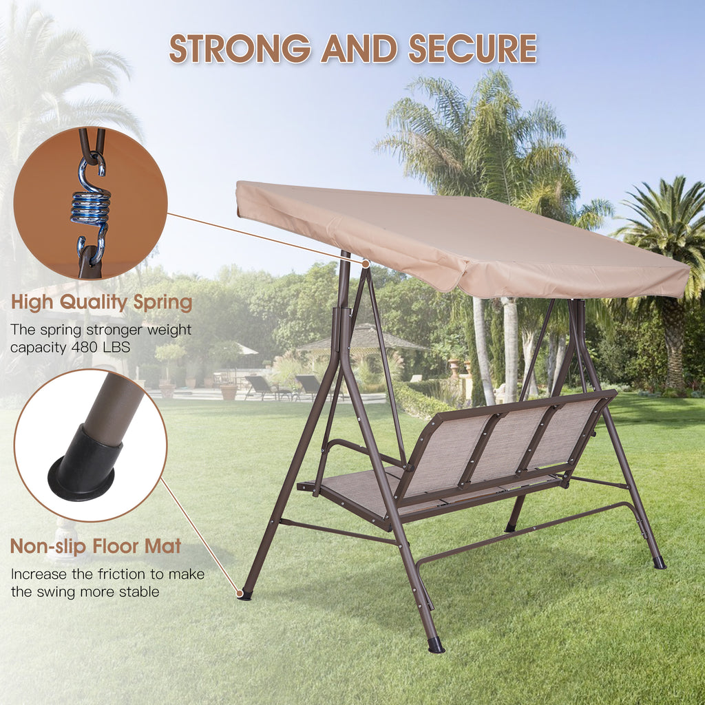 Leoglint 3 Person Outdoor Chair Outdoor Patio Swing,Steel Frame Textilene Seats Steel Frame Swing Chair,Beige