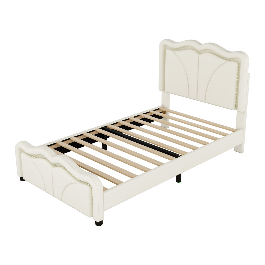 Leoglint Twin Size Upholstered Platform Bed Frame with Curve Shaped and Height-adjustbale Headboard,LED Light Strips,White