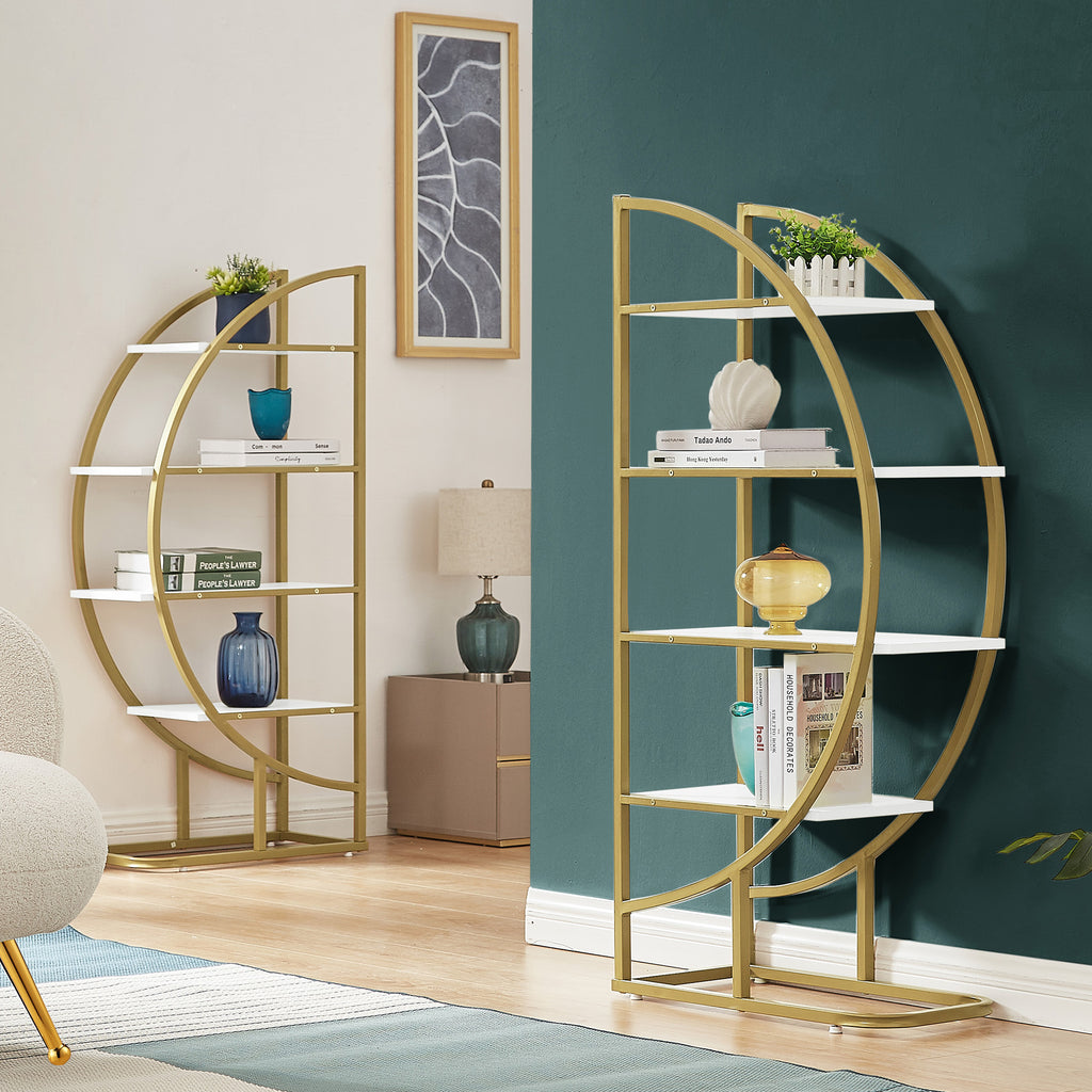 Leoglint 4 Tiers Home Office Open Bookshelf, Round Shape, Different Placement Ways, MDF Board, Gold Metal Frame, White