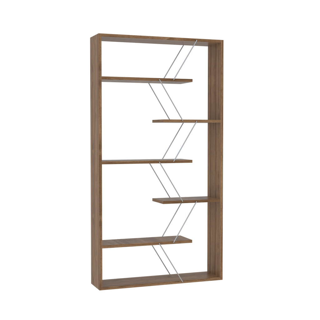 Leoglint Furnish Home Store Wood Frame Etagere Open Back 6 Shelves Bookcase Industrial Bookshelf for Office and Living Rooms Modern Bookcases Large Bookshelf Organizer, Walnut/Chrome