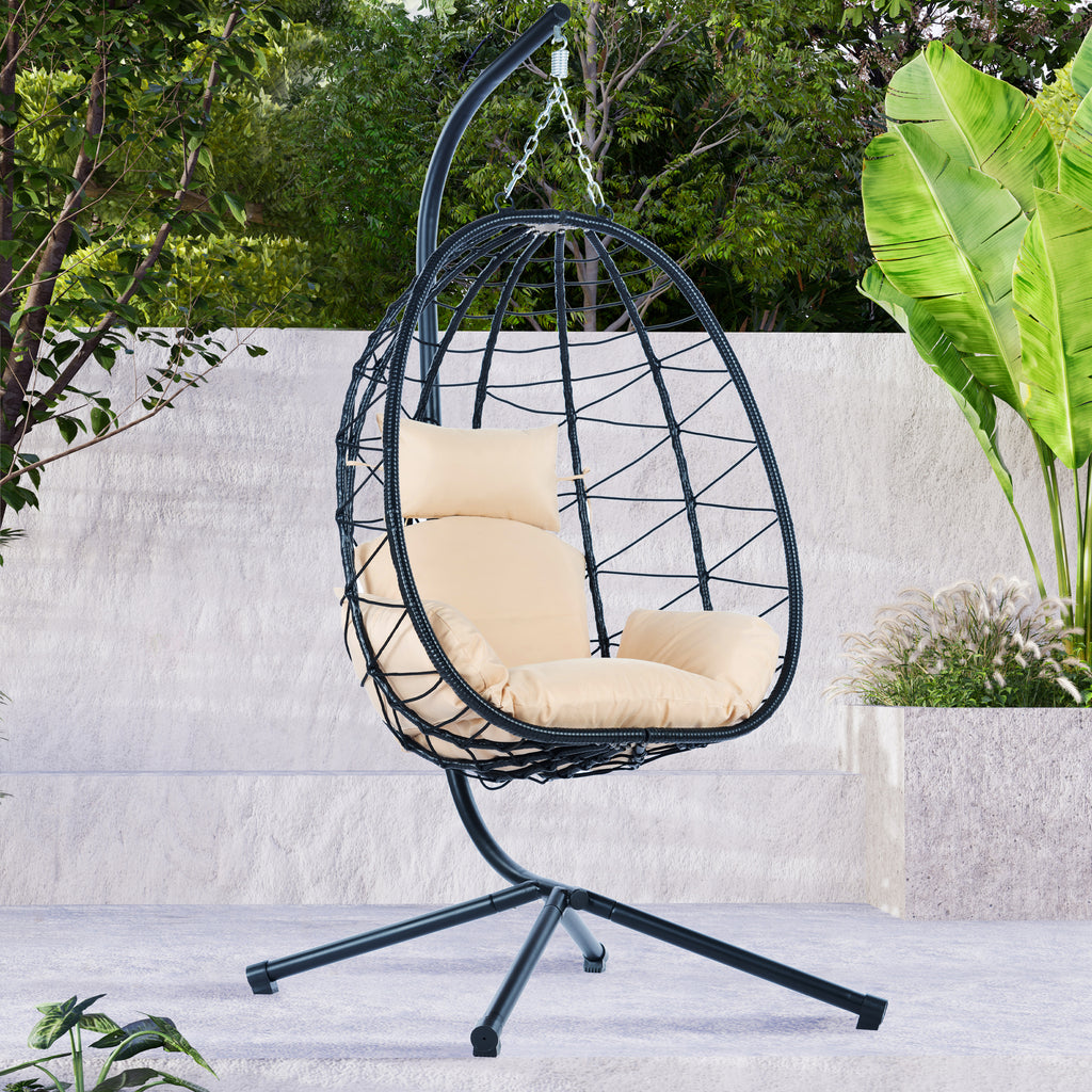 Leoglint Egg Outdoor Chair with Stand Indoor Outdoor Swing Chair Patio Wicker Hanging Egg Chair Hanging Basket Chair Hammock Chair with Stand for Bedroom Living Room Balcony