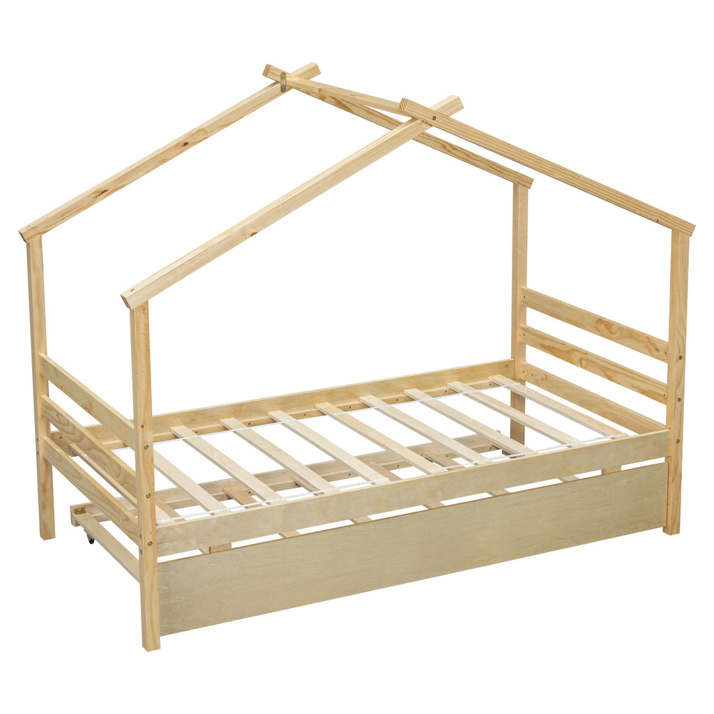 Leoglint Twin Size  House-shaped Bed Frame with Trundle,Natural