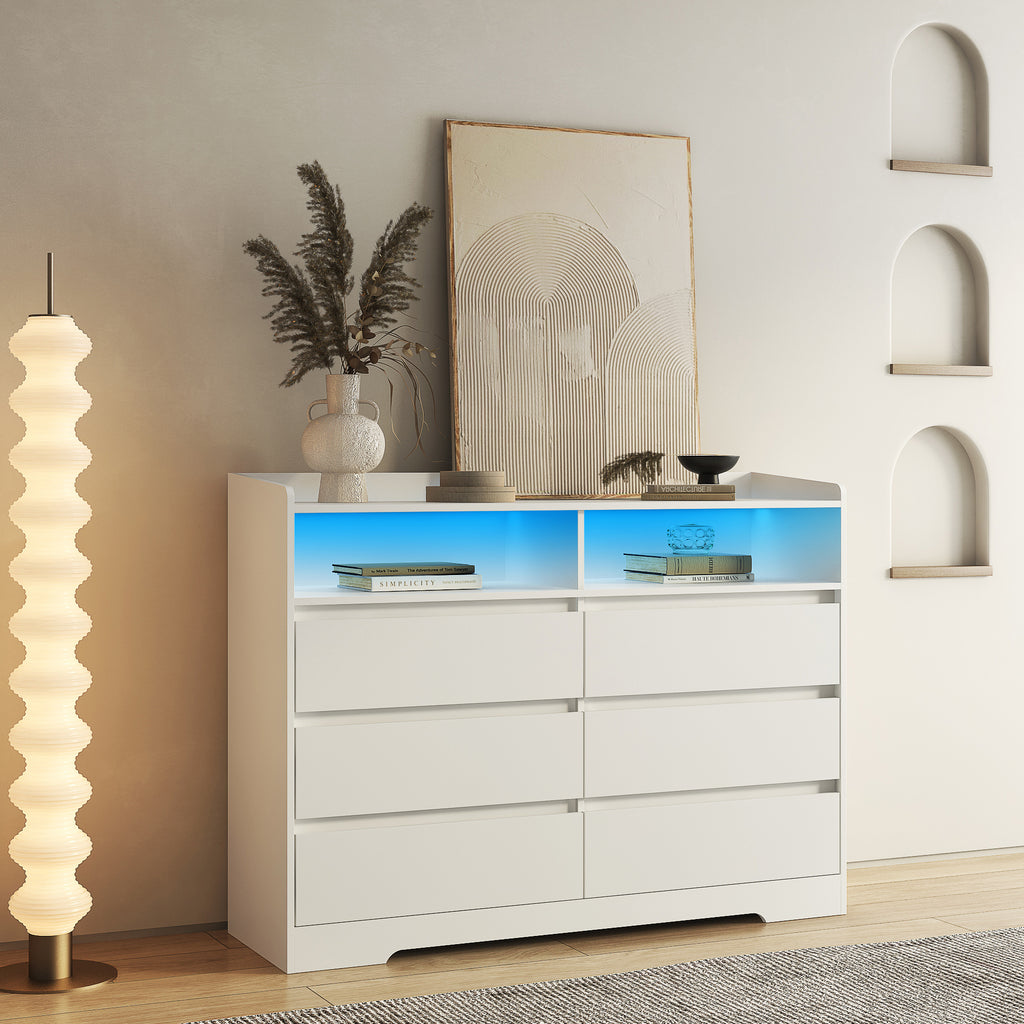 Leoglint 6 Drawer Chest Drawer Dresser, White Dresser for Bedroom with LED Lights, Modern Dressers & Chests of Drawers with Sturdy Frame for Living Room, Entryway, Hallway