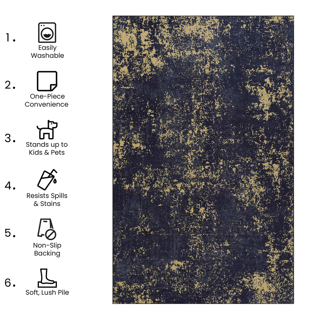 Leoglint Area Rugs, Washable Rug, Low-Pile, Non-Slip, Non-Shedding, Foldable, Kid & Pet Friendly - Area Rugs for living room, bedroom, kitchen, dining room rug - Perfect Gifts, (Black+Gold, 2'6'' x 10')