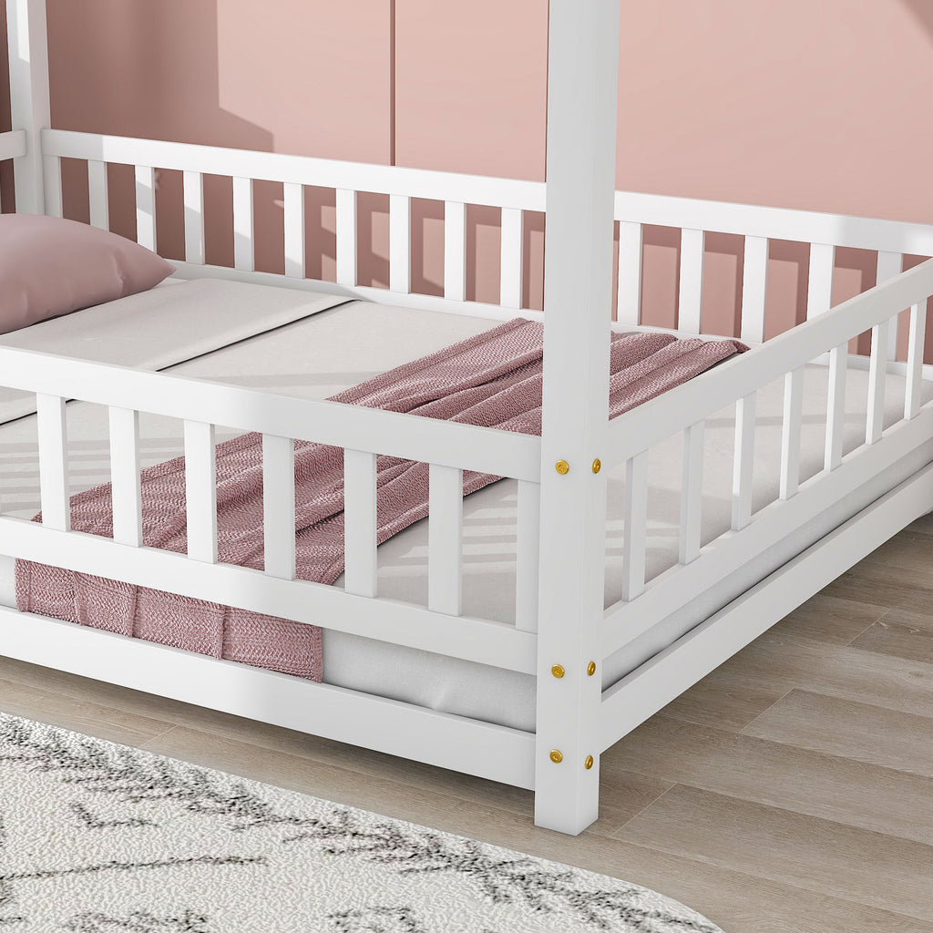 Leoglint Bed Frame Full Size Floor Wooden Bed with House Roof Frame, Fence Guardrails ,White