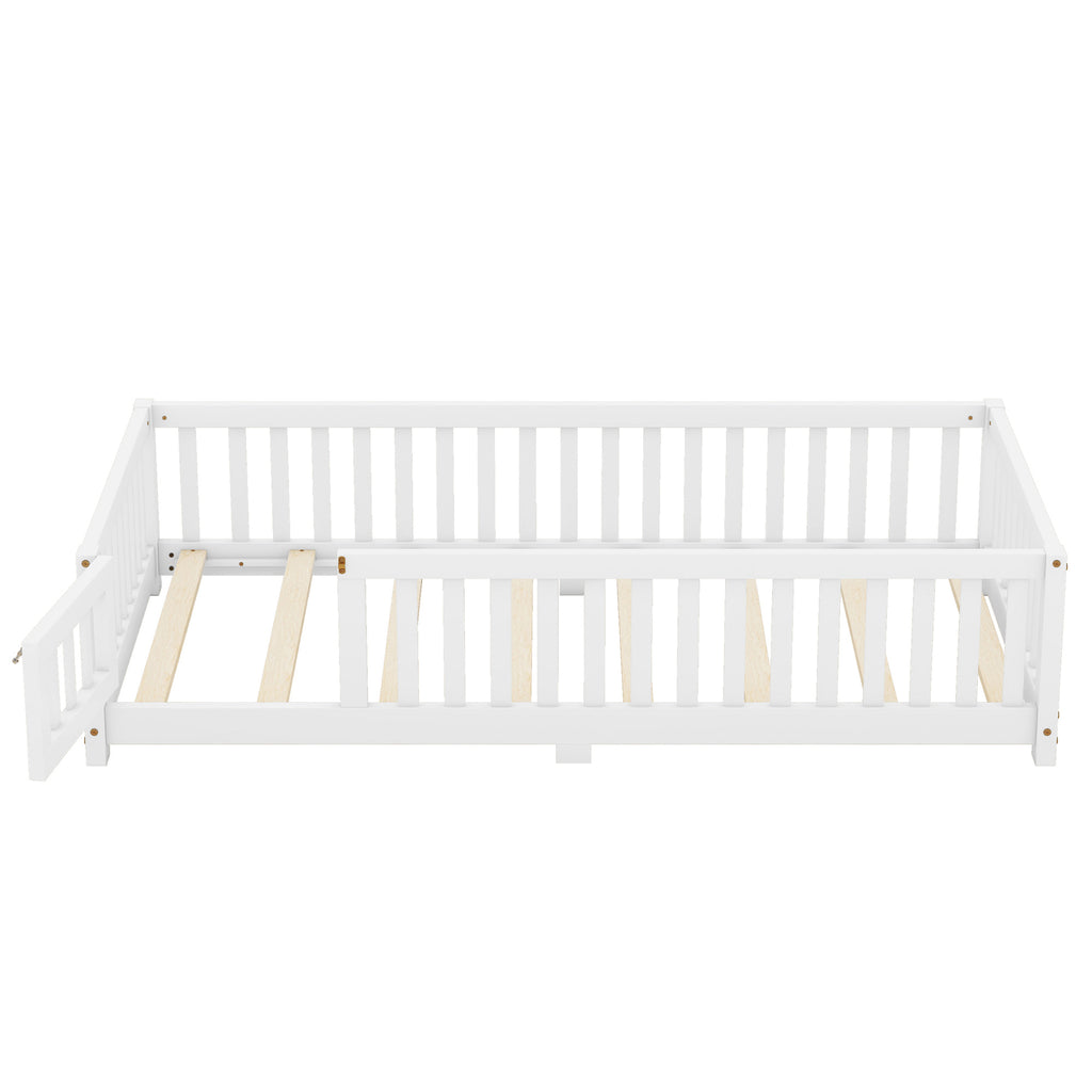 Leoglint Twin Size Bed Floor Bed Frame with Safety Guardrails and Door for Kids, White(Old SKU:W158090683)