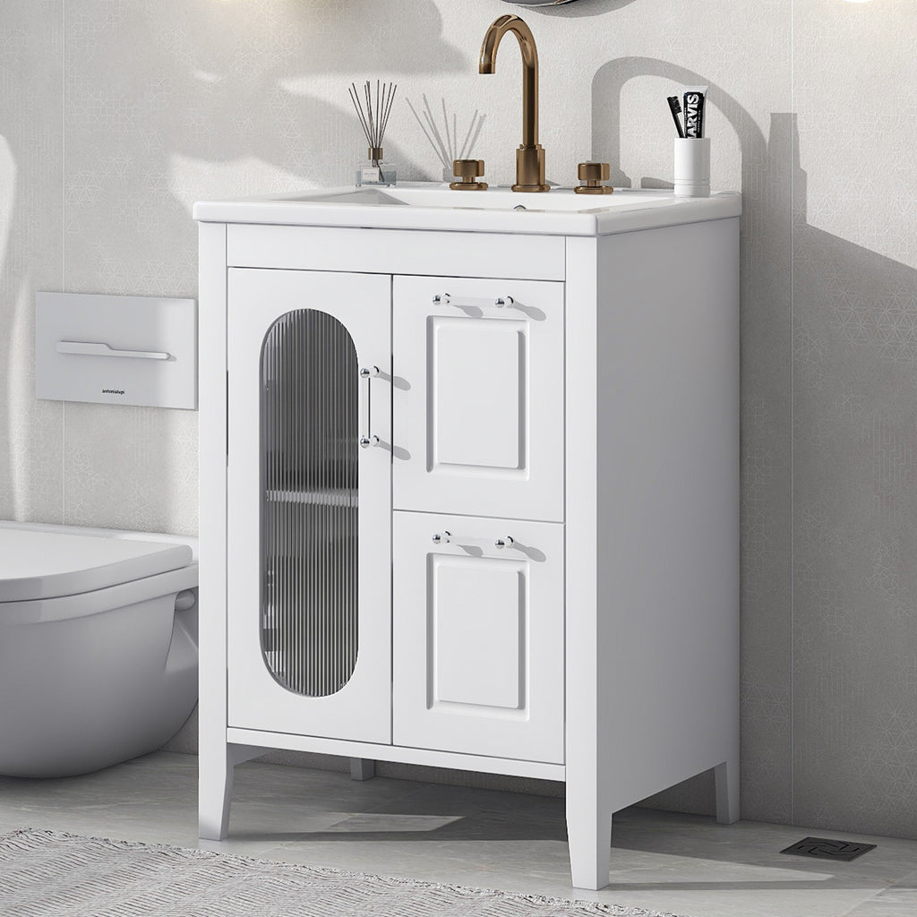 Leoglint 24" Bathroom Vanity with Sink, Bathroom Vanity Cabinet with Two Drawers and Door, Adjustable Shelf, Solid Wood and MDF, White