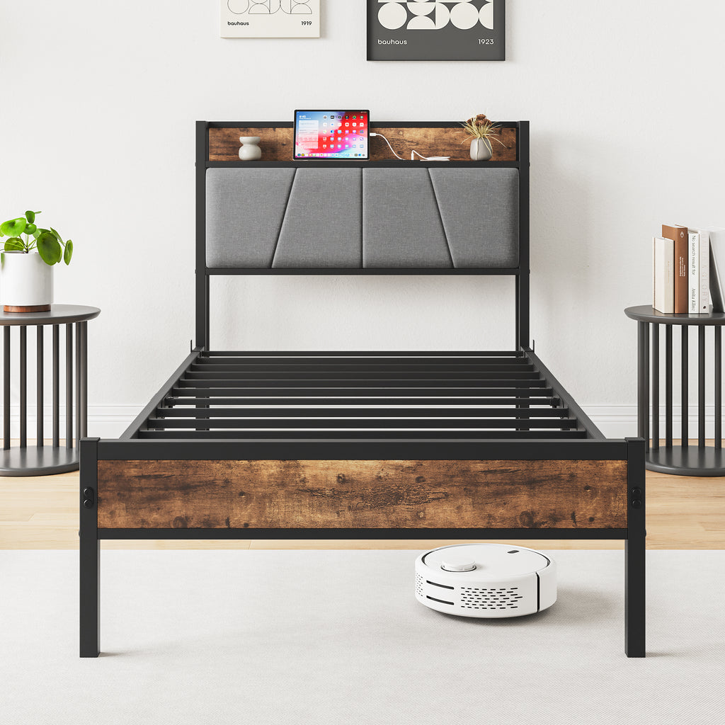 Leoglint Twin Size Bed Frame, Storage Headboard with Charging Station, Solid and Stable, Noise Free, No Box Spring Needed, Easy Assembly