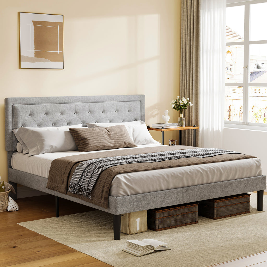 Leoglint Light Grey Bed Frame with Adjustable Border Headboard Queen Size