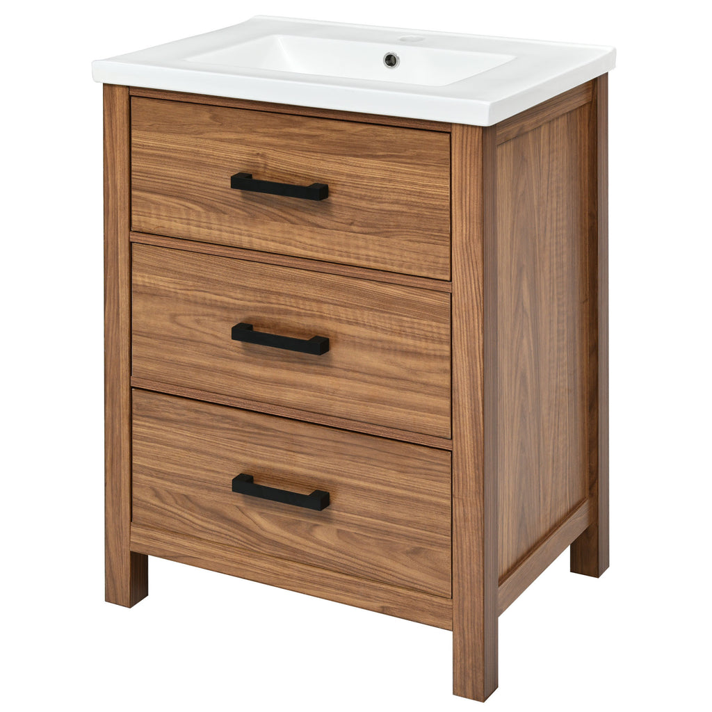 Leoglint 24'' Bathroom Vanity with Ceramic Basin Sink, Modern Bathroom Storage Cabinet with 3 Drawers, Freestanding Bathroom Vanity Cabinet with Single Sink