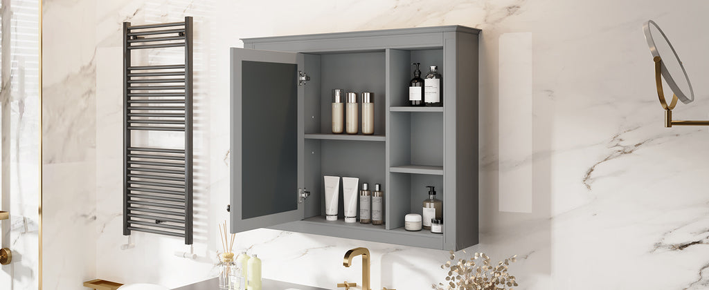 Leoglint 35'' x 27.5'' Medicine Cabinet, Wall Mounted Bathroom Storage Cabinet, Modern Bathroom Wall Cabinet with Mirror, Mirror Cabinet with 6 Open Shelves (Not Include Bathroom Vanity )